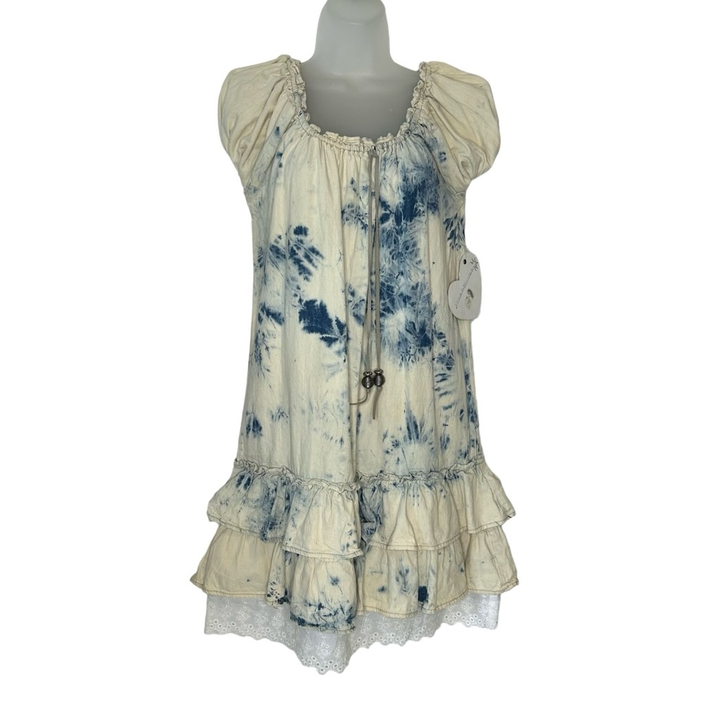 Dollhouse Cream and Blue Tie-Dye Midi Dress